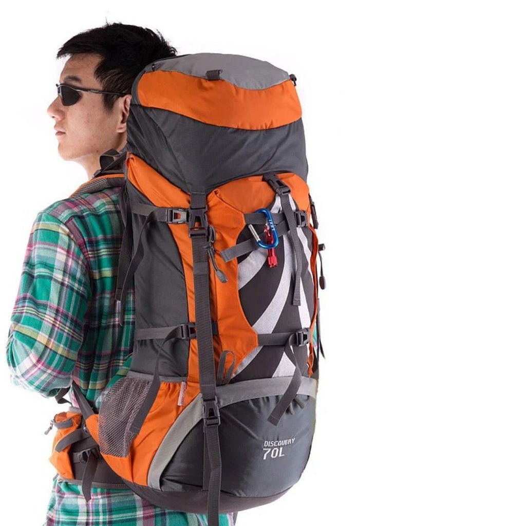 70L Hiking Backpack Large Capacity Outdoor Camping Travel Climbing Rucksack Orange 75x33x27cm Water Resistant