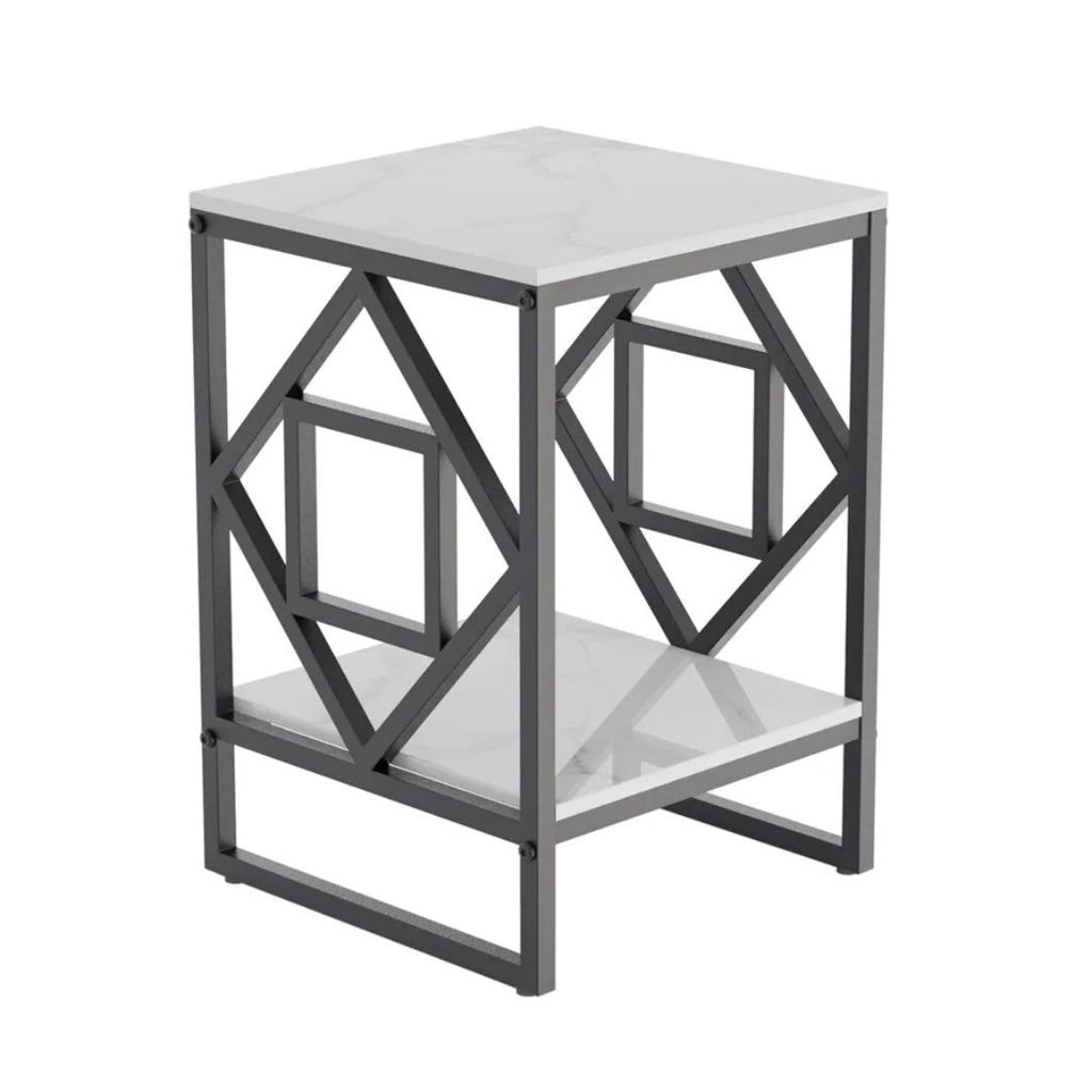 2 Tier Square Coffee Side Table 40x40x45cm Sintered Stone Top Metal Frame Black White Living Room End Table