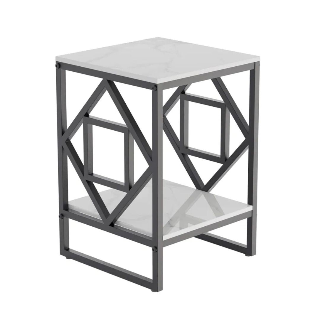 2 Tier Square Coffee Side Table 40x40x45cm Sintered Stone Top Metal Frame Black White Living Room End Table