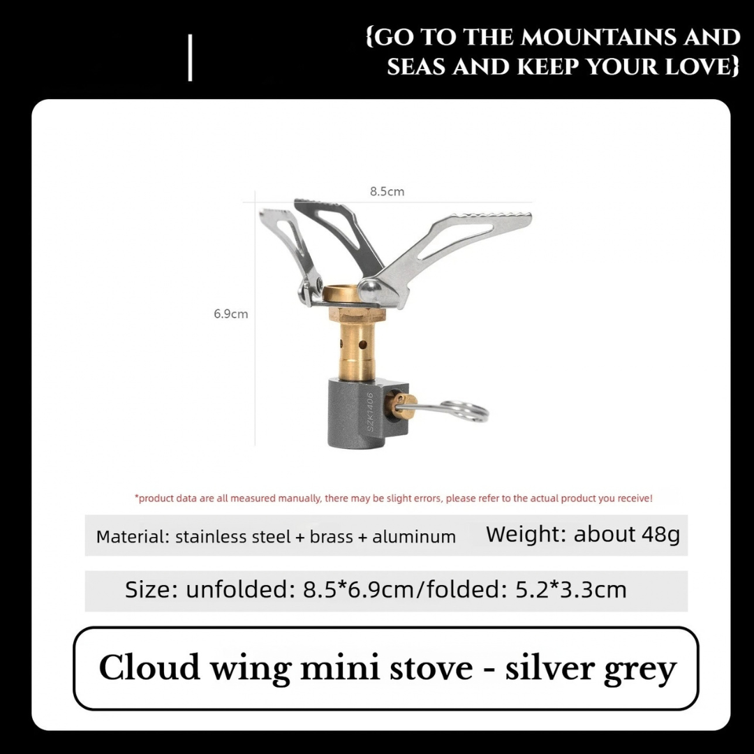 3000W Mini Camping Gas Stove 48g Portable Pocket Burner Folding Outdoor Cooker Hiking Picnic Cooking Furnace Cloud Wing Silver Grey 8.5×6.5cm