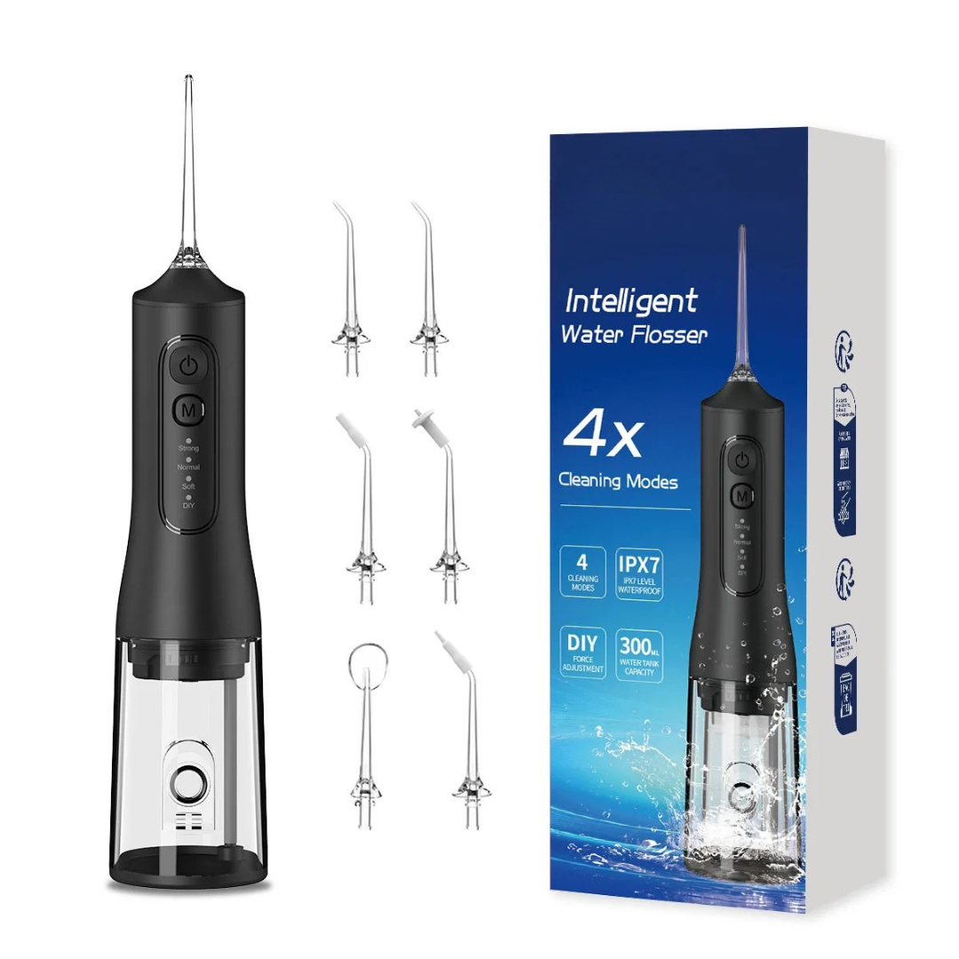 YD06 Cordless Oral Irrigator Water Flosser 300ML Portable Water Jet USB-C Fast Charge 7 Nozzles 4 Modes IPX7 Black