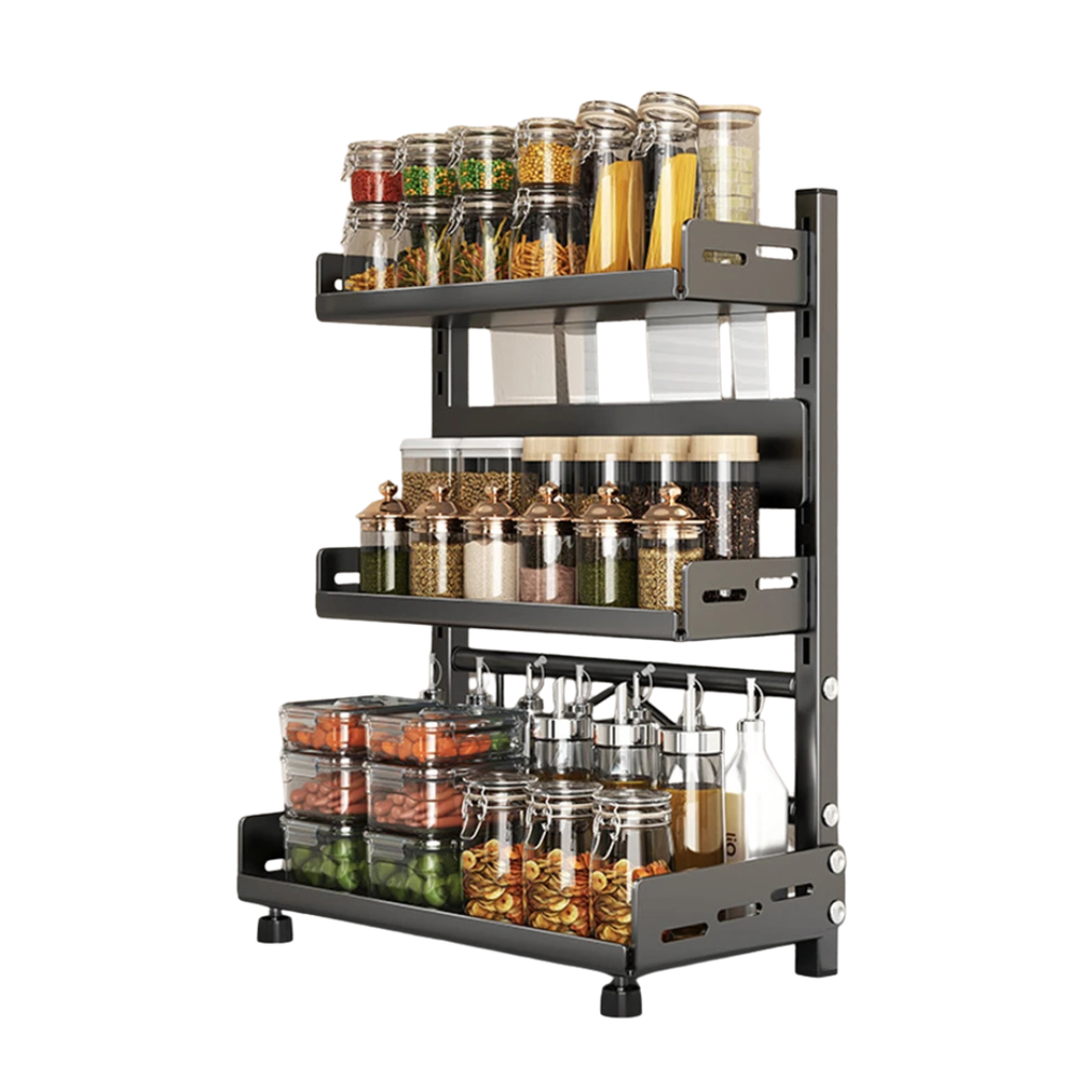 30CM 3 Tier Spice Rack Adjustable Kitchen Countertop Organizer Metal Shelf Cabinet Storage Stand Black 30 × 16 × 54cm
