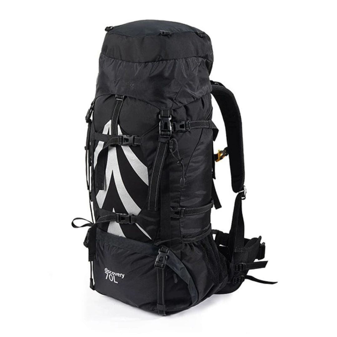 70L Camping Backpack Ergonomic Hiking Rucksack with Rain Cover Outdoor Travel Bag Black 75x33x27cm