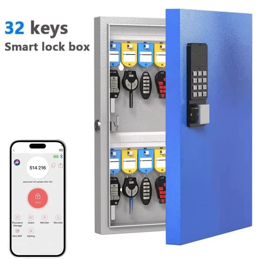 Key Lock Box 32 Key Wall Mounted Storage Cabinet with Bluetooth App Access OTP and PIN Code Unlocking Blue