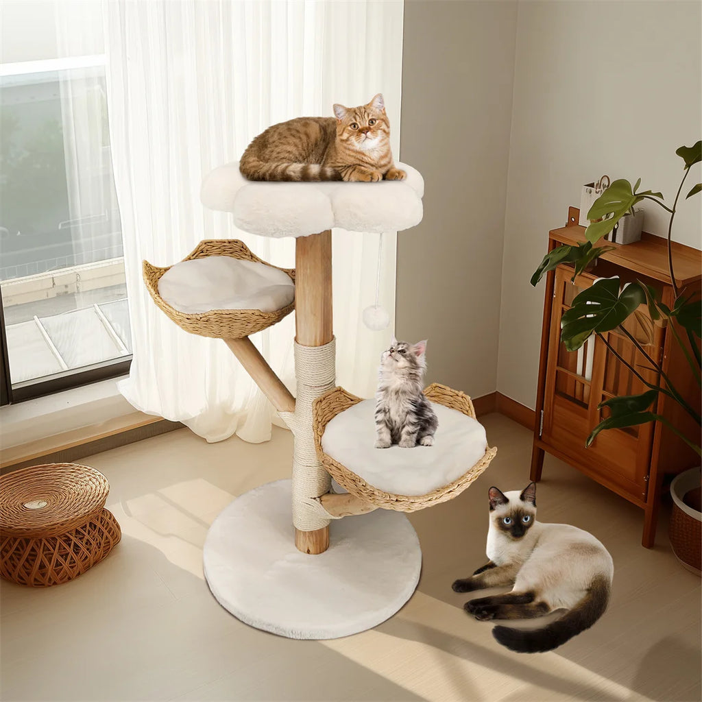 Cat Tree 110cm Solid Wood Climbing Tower with Scratching Post Activity Centre Natural Wood White 60x111cm