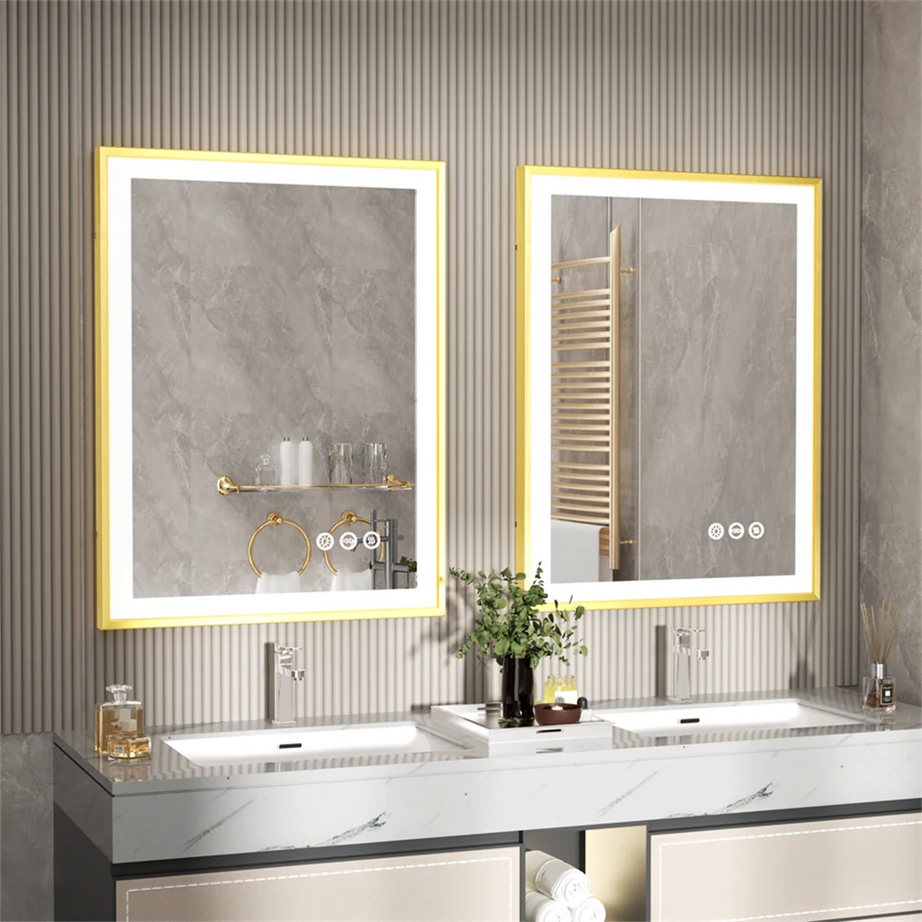 Illuminated LED Bathroom Mirror 80x60cm Gold Frame Anti Fog 3 Color Dimming Wall Mounted Vanity Mirror