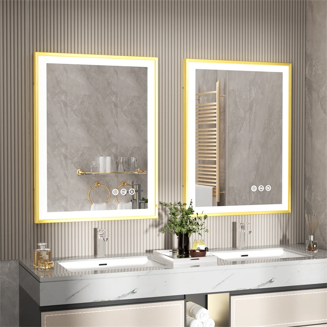 Illuminated LED Bathroom Mirror 60x120cm Gold Frame Anti Fog 3 Color Dimming Wall Mounted Vanity Mirror