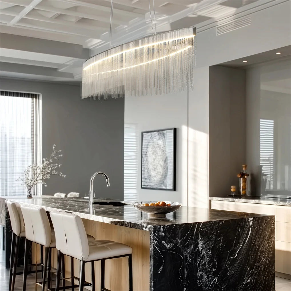 Chandelier Rectangle Crystal Tassel Pendant Light Dimmable LED 90x13x3cm