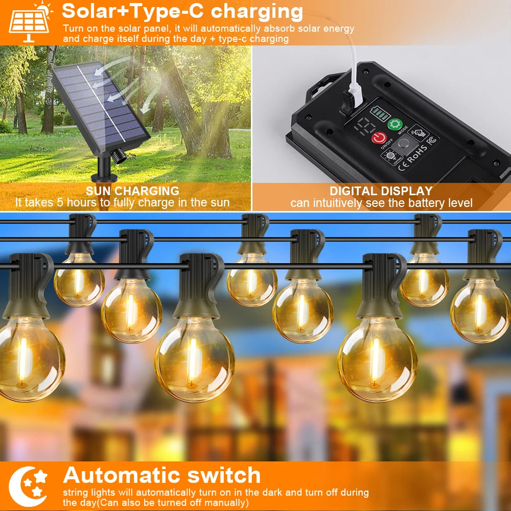 Outdoor Solar String Lights LED Globe Garland Waterproof Garden Hanging Lights for Patio Backyard Cafe 30m 50 Bulbs