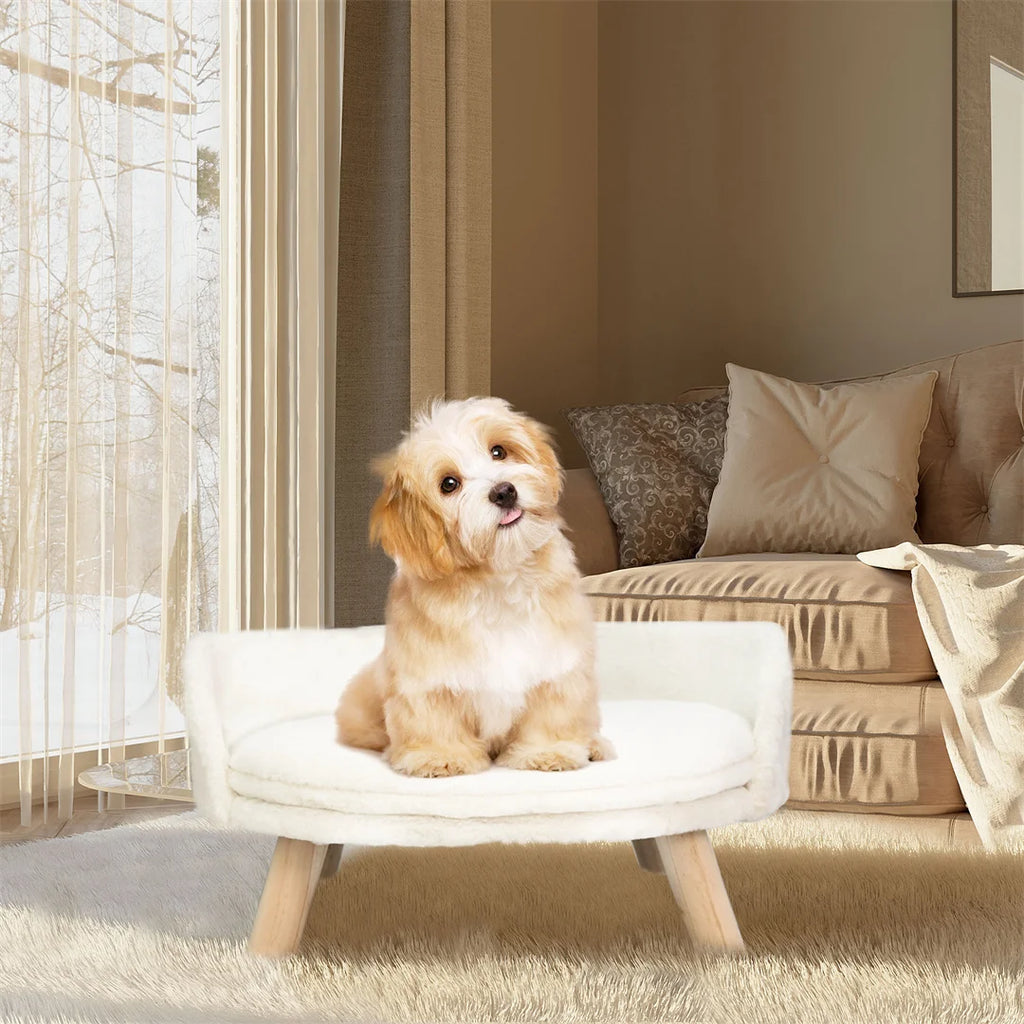 Cat Bed Plush Pet Chair Stool with Cushion and Wood Legs White 41.5x32.8cm