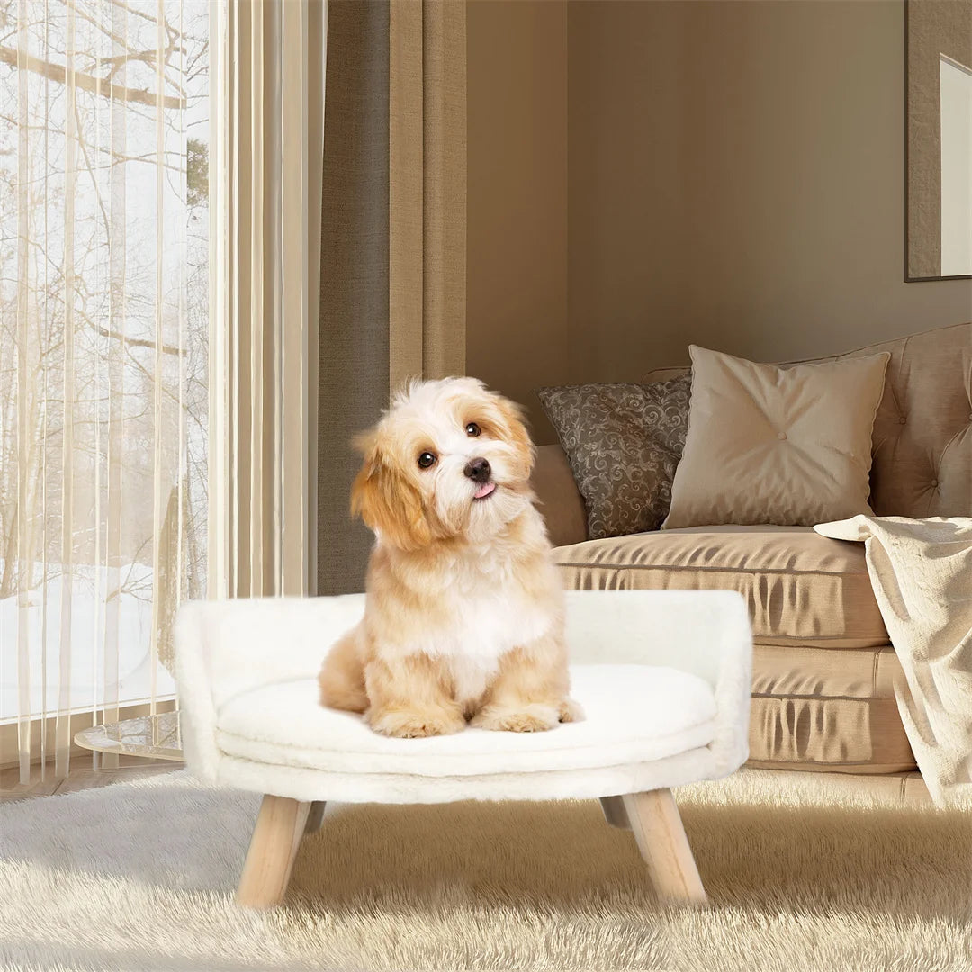 Cat Bed Plush Pet Chair Stool with Cushion and Wood Legs White 41.5x32.8cm