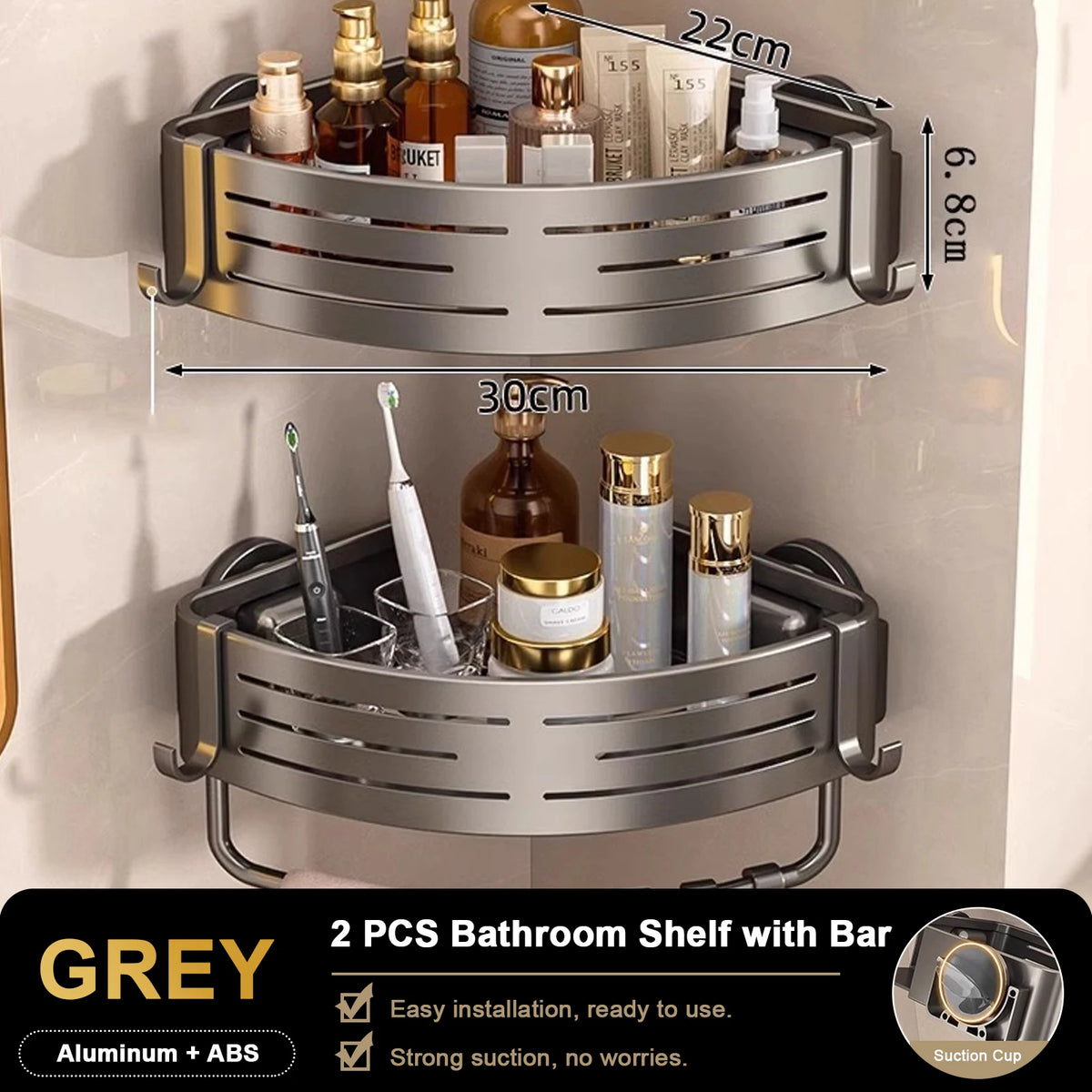 2 Pack Pro Shower Corner Bathroom Shelf with Towel Hooks Suction Cup Wall Mounted Space Aluminium Rack Grey 30 × 22 × 6.8cm