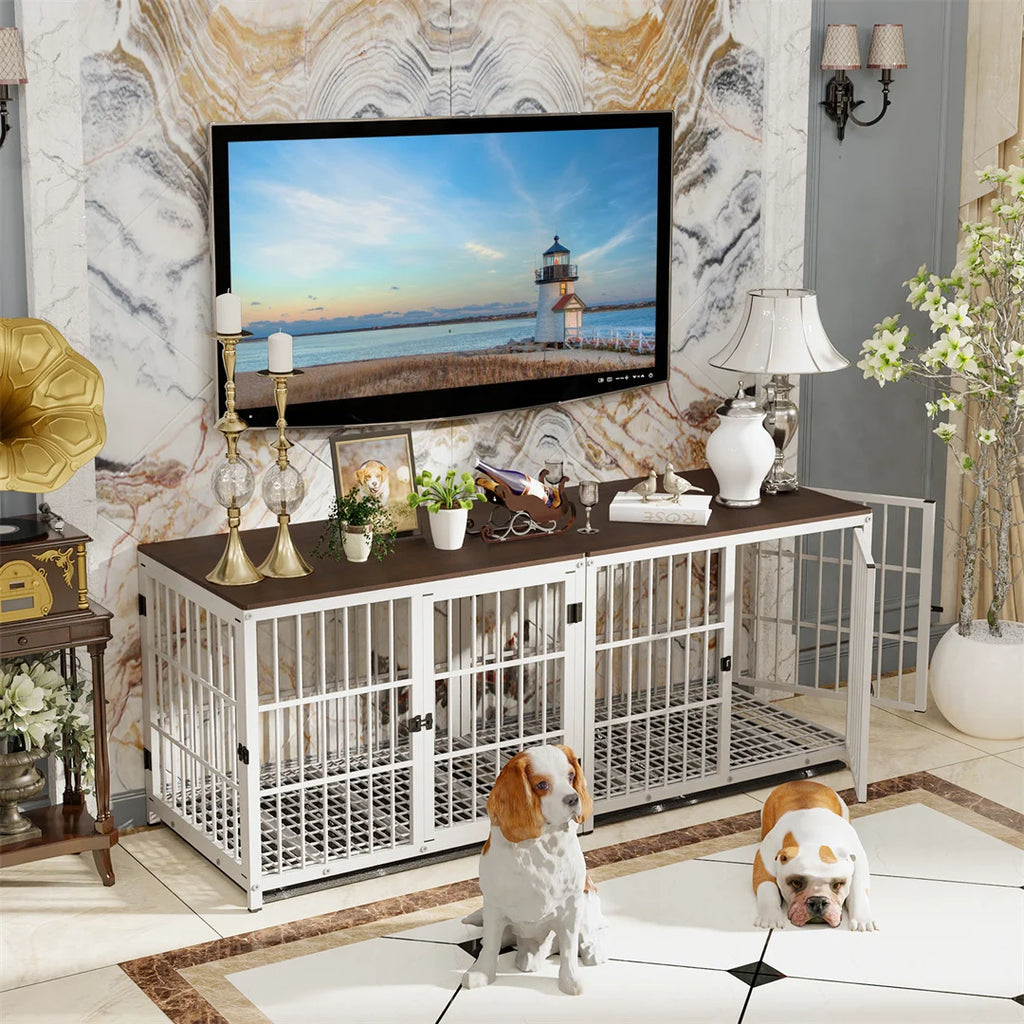 Wooden Dog Crate Furniture with 3 Doors Removable Tray Metal Frame End Table for Large Dogs White 86.5x59x66.5cm