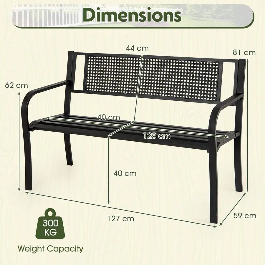 Garden Bench Outdoor Patio Bench Patterned Backrest and Curved Armrests 127cm 300kg Capacity Black