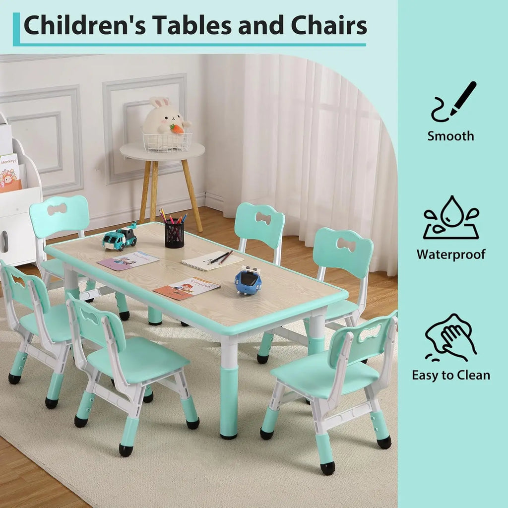 Activity Table and 6 Chairs Set Height Adjustable Study Desk with Graffiti Desktop Non Slip Legs Mint Green White