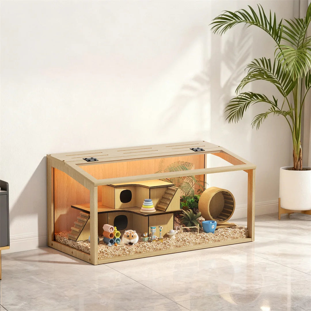 Wooden Hamster Cage Large Natural Habitat with Tempered Glass Panels Ventilation Holes and Built-in LED Light for Small Pets 80x40x40cm