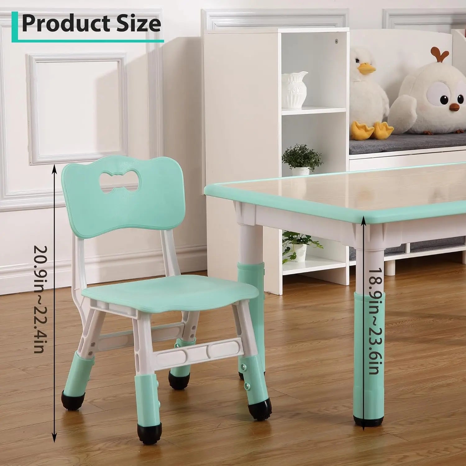 Activity Table and 6 Chairs Set Height Adjustable Study Desk with Graffiti Desktop Non Slip Legs Mint Green White