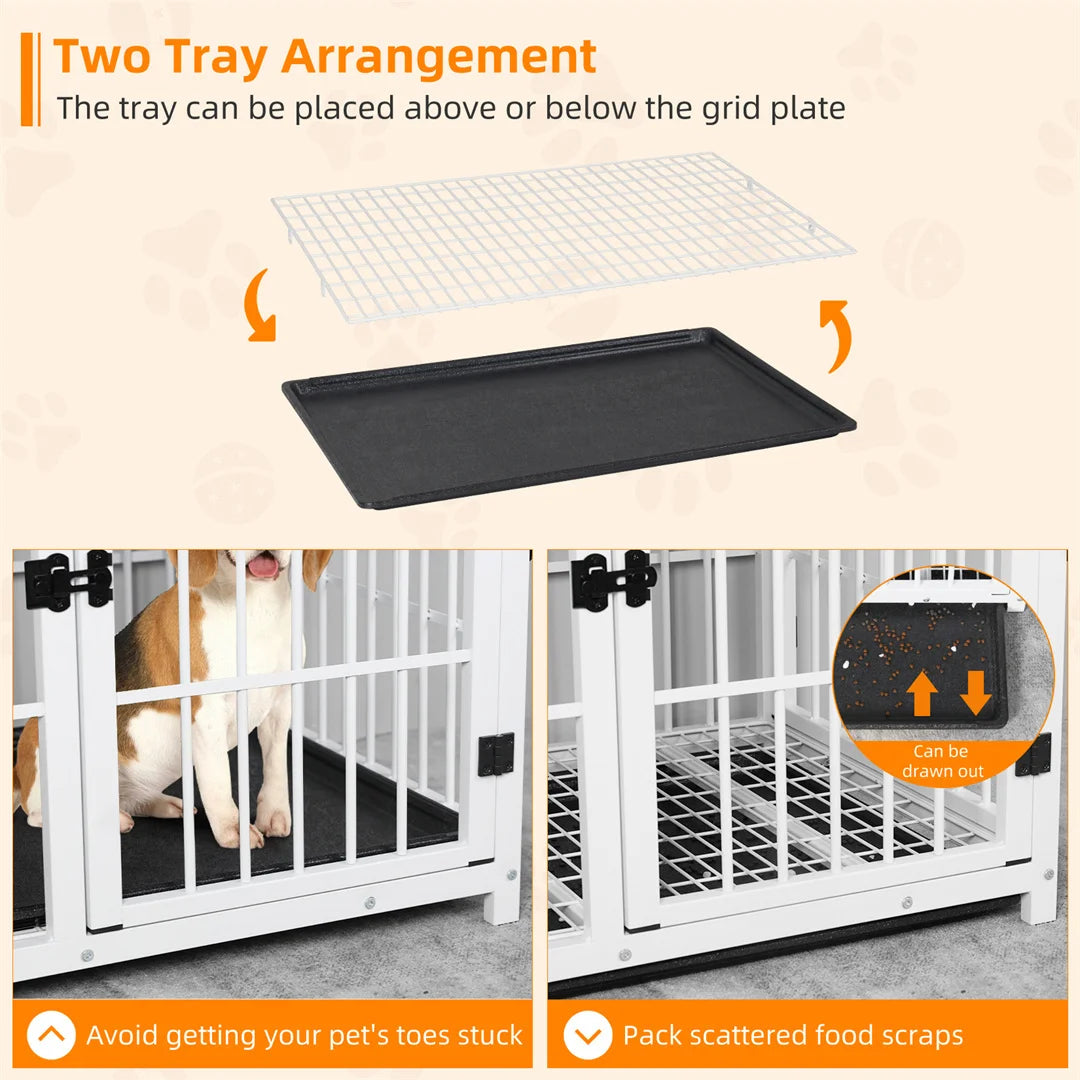 Wooden Dog Crate Furniture with 3 Doors Removable Tray Metal Frame End Table for Large Dogs White 86.5x59x66.5cm