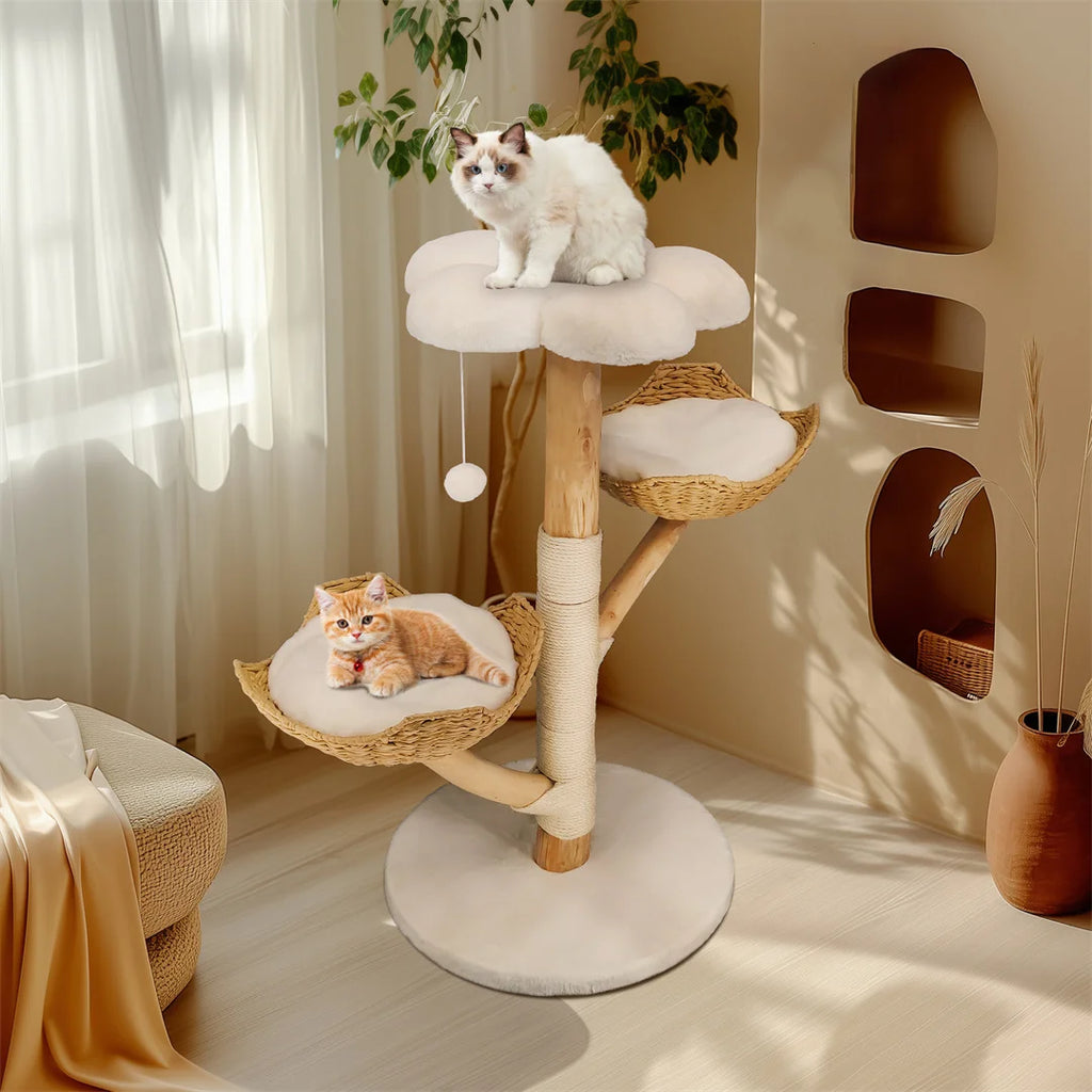 Cat Tree 110cm Solid Wood Climbing Tower with Scratching Post Activity Centre Natural Wood White 60x111cm