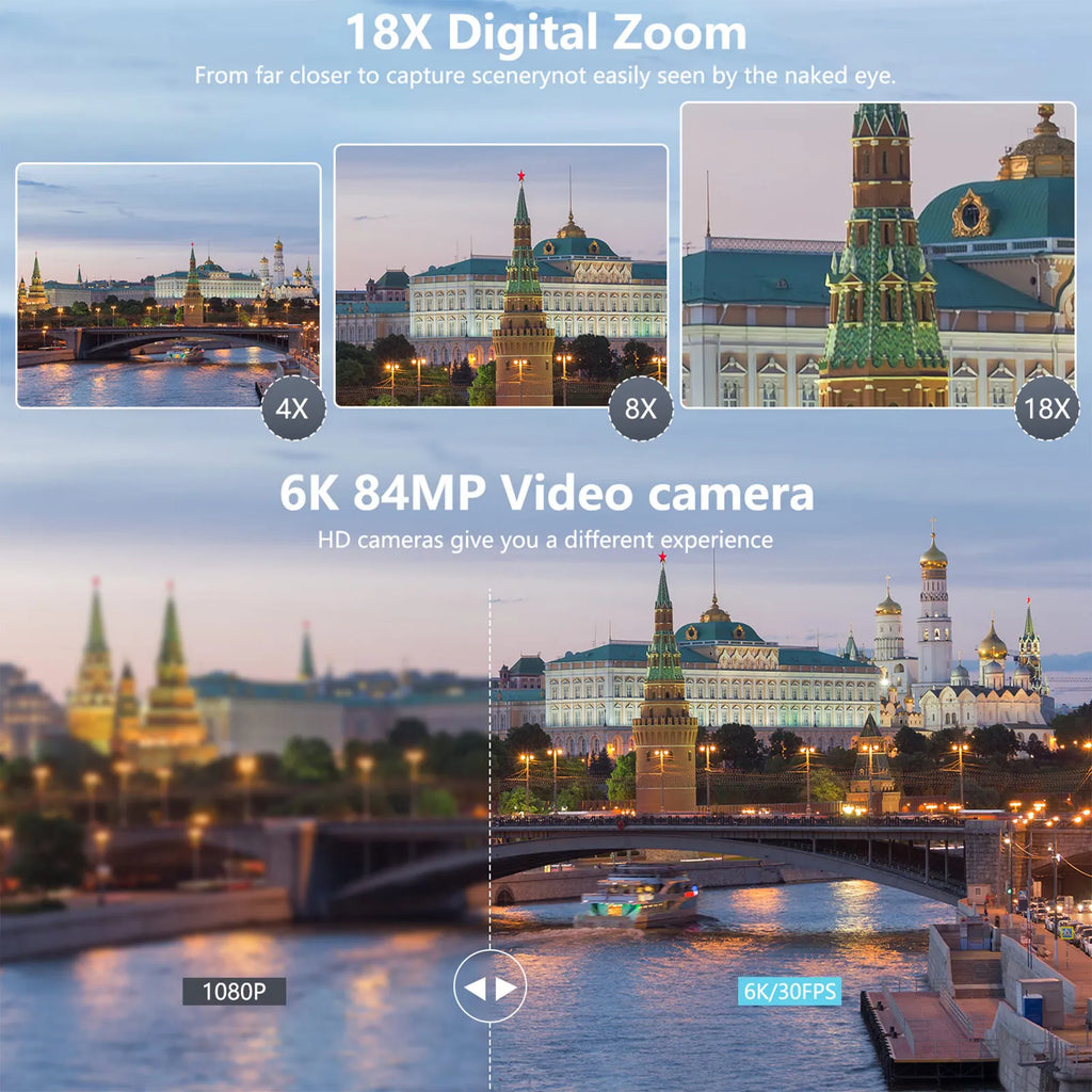 6K Digital Camera 84MP Vlogging Camera with Autofocus Anti Shake 3 Inch Flip Screen Flash and 16GB Memory Card