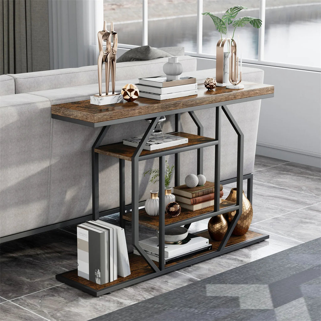 Console Table with Storage Shelf Entryway Sofa Table Narrow Hall Table Modern Living Room Furniture Design Rustic Brown 120x30x81.5cm