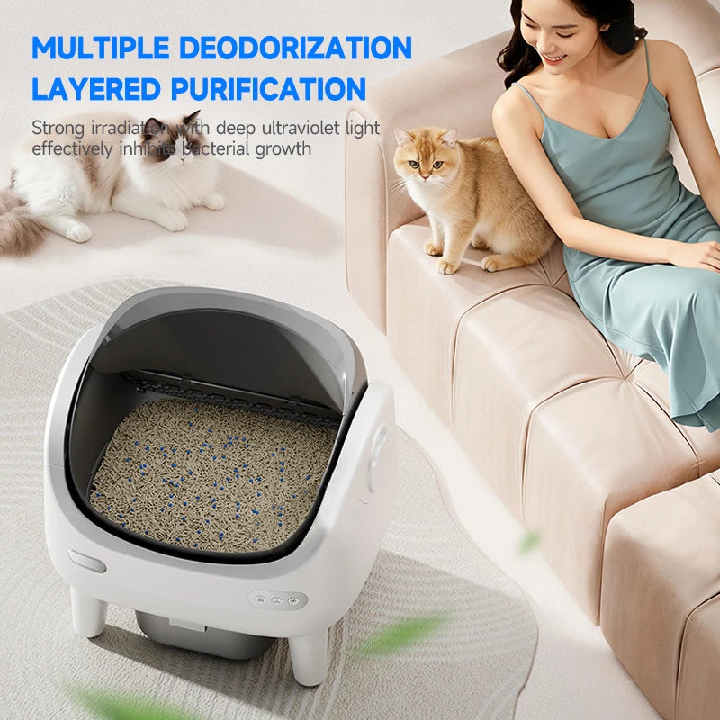 10L Automatic Cat Litter Box Smart App Control Self Cleaning Pet Toilet Odor Control Easy Clean Cat Litter Tray White