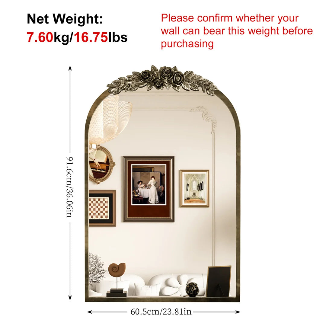 Vintage Baroque Arch Wall Mirror 91.6x60.5cm Gold Metal Frame Resin Rose Pattern Decorative Mirror