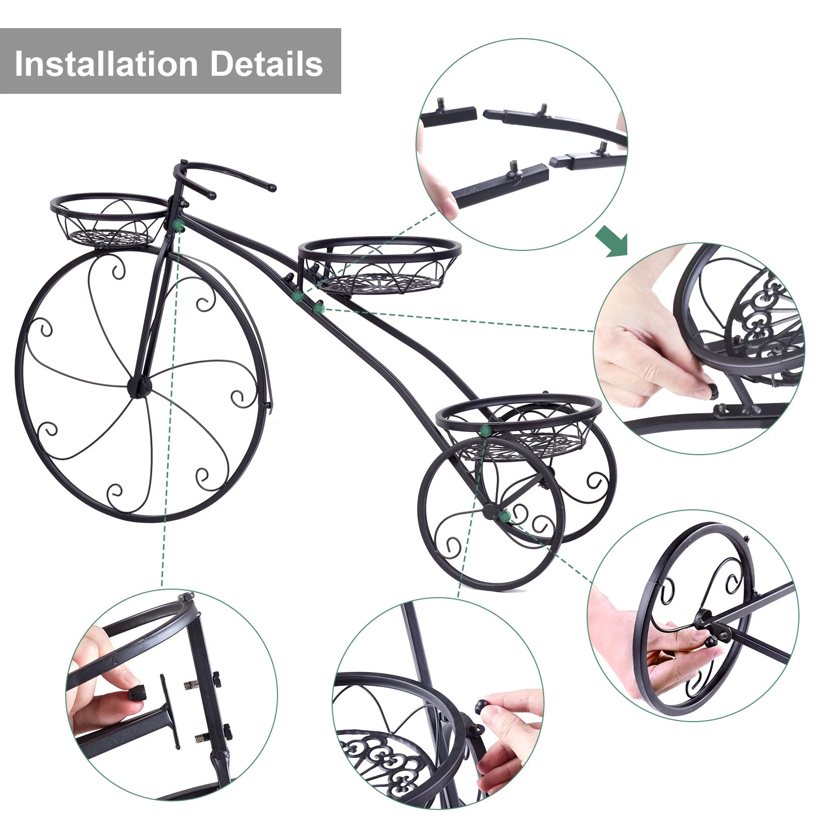 Plant Stand Outdoor Plant Holder Weather Resistant Flower Pot Stand 3 Tier Bicycle Design 79.5x52cm Black