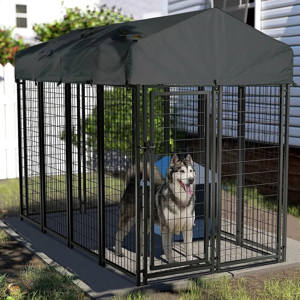 Outdoor Pet Kennel Luxury Dog & Rabbit House Enclosure Run Cage with Roof & Cover 249 x 120 x 165 cm Gray