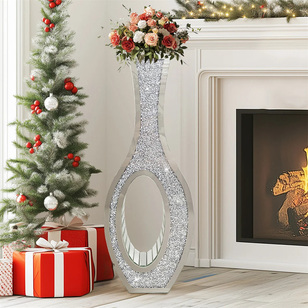 Floor Vase Mirrored Silver Crystal Decorative Flower Vase