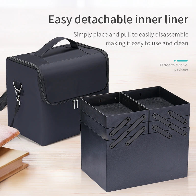 Large Makeup Carrying Train Case 4 Tier Professional Nail Organizer Travel Storage Box Adjustable Cosmetic Case Black