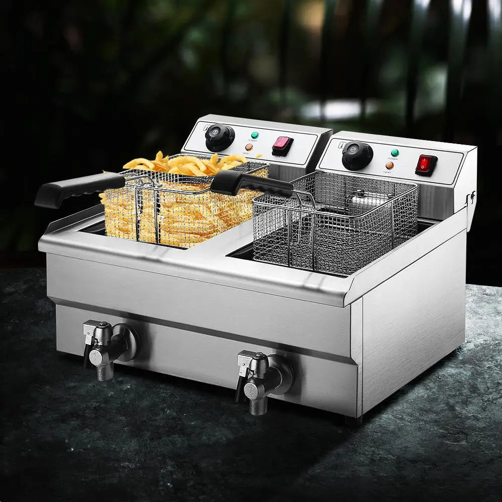20L Commercial Electric Deep Fryer 6000W Double Basket Stainless Steel Oil Tap Frying Machine Kitchen AU Plug 57×62×34cm