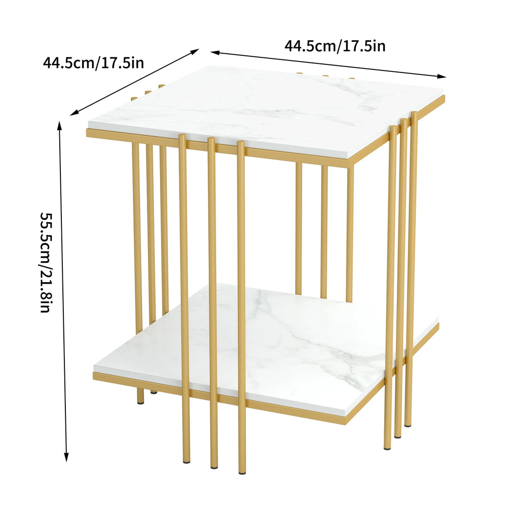 2 Tier Square Side Table 44.5x44.5x55.5cm Marble Top Gold Metal Frame Living Room Coffee Table