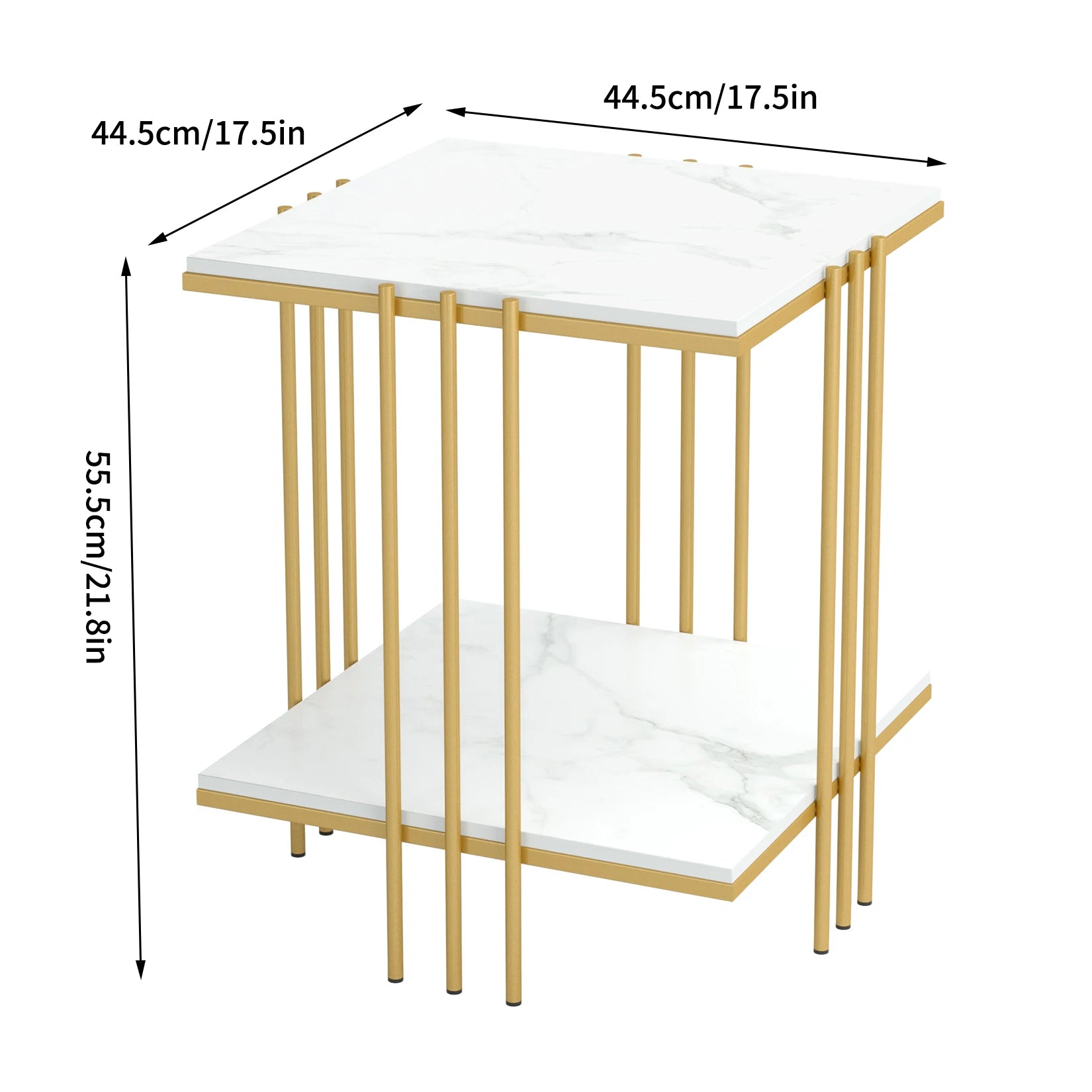 2 Tier Square Side Table 44.5x44.5x55.5cm Marble Top Gold Metal Frame Living Room Coffee Table
