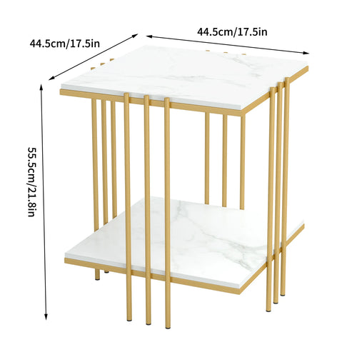 2 Tier Square Side Table 44.5x44.5x55.5cm Marble Top Gold Metal Frame Living Room Coffee Table