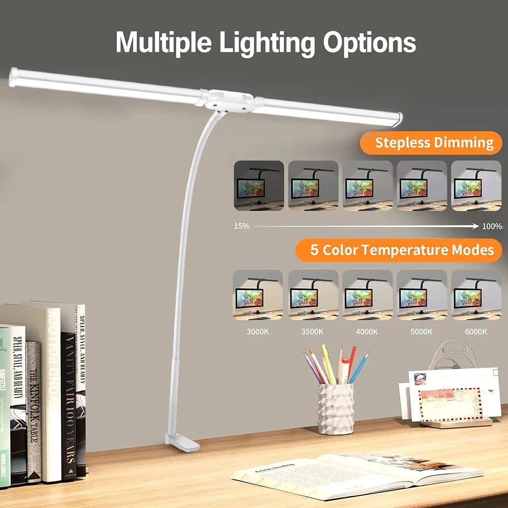 LED Desk Lamp Double Head Architect Office Light Eye Caring Stepless Dimmable Adjustable Gooseneck Study Work Lamp White