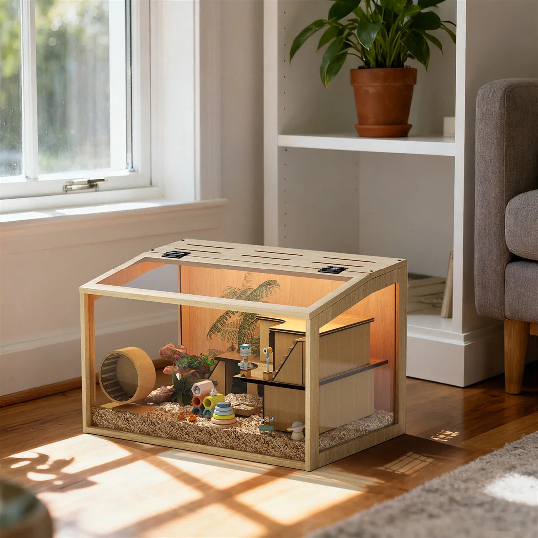 Wooden Hamster Cage Large Natural Habitat with Tempered Glass Panels Ventilation Holes and Built-in LED Light for Small Pets 60x40x40cm