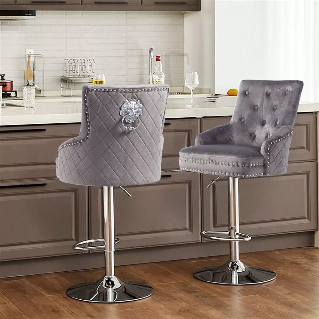 Bar Stools Velvet Swivel Lion Knocker Dining Chairs Grey 50x52x106-127cm