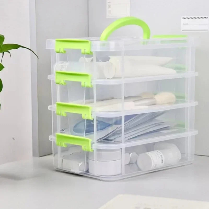 4 Layer Transparent Plastic Storage Box Partitioned Drawer Organizer Building Block Storage Container Portable Box Green 22×15×23cm