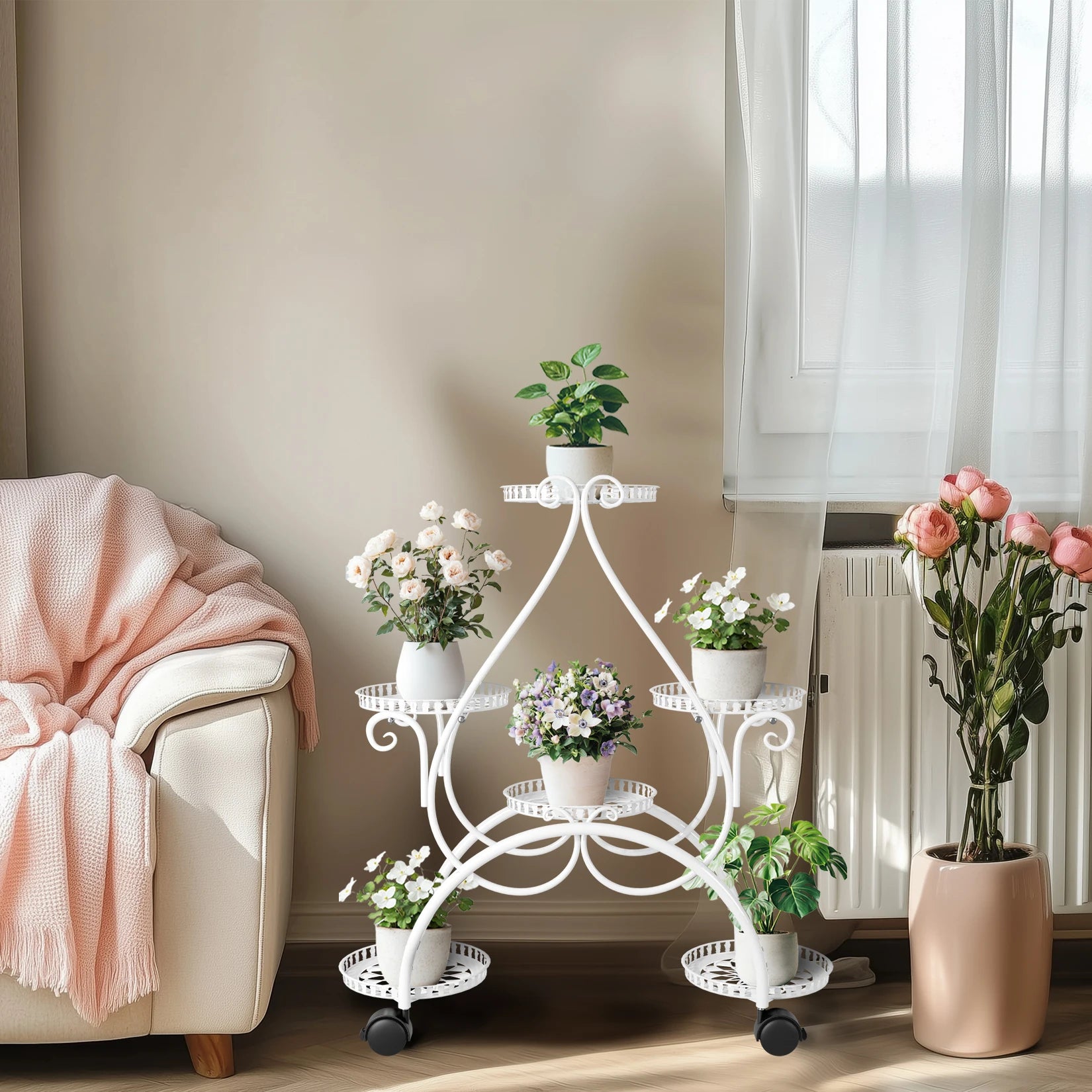 Plant Stand 6 Tier Metal Flower Pot Display Rack with Rolling Wheels Indoor Outdoor Plant Shelf White 73.5x30.5x84.5cm