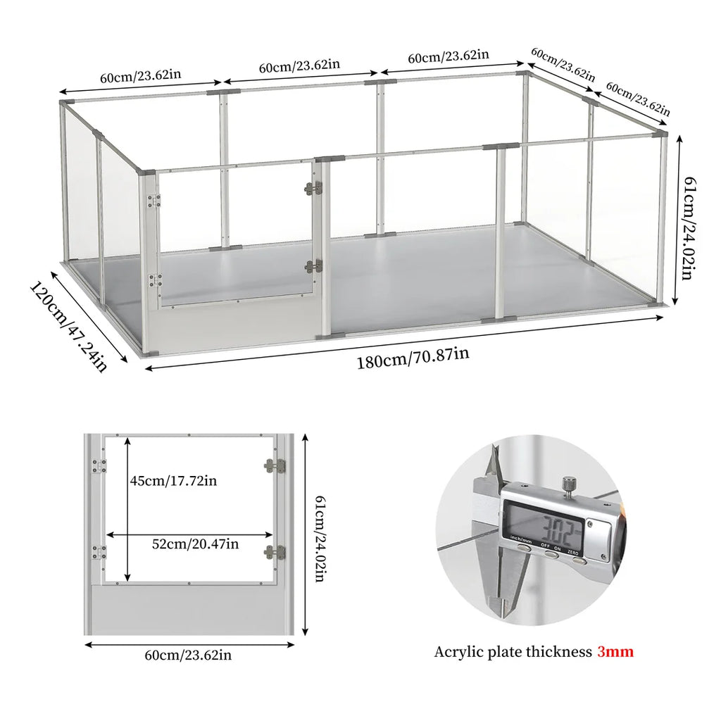 Acrylic Dog Playpen Clear Waterproof Pet Exercise Fence with Whelping Pad 180x120x61cm