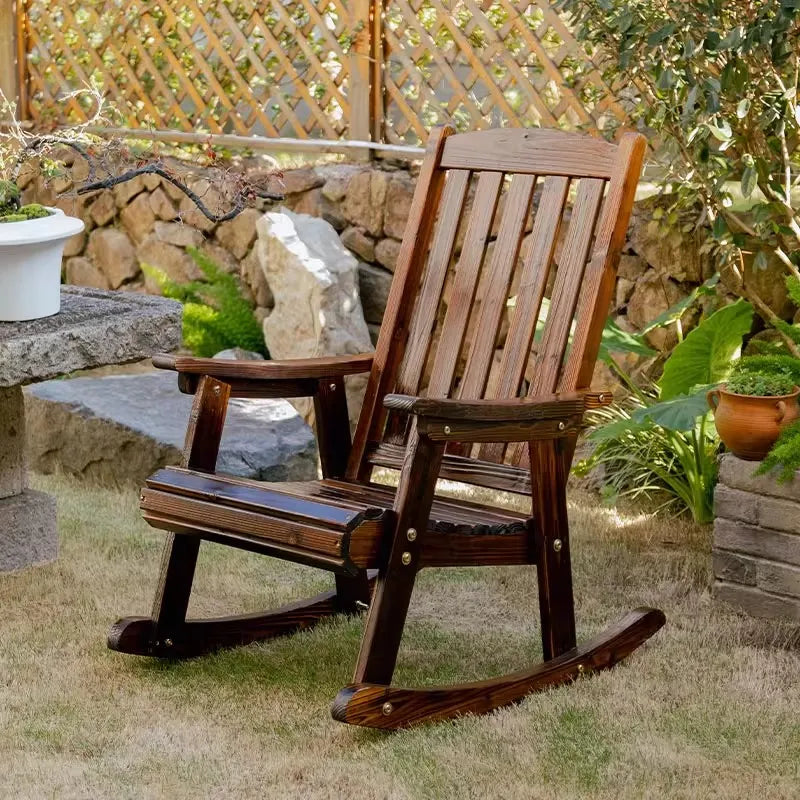 Solid Wood Rocking Chair Outdoor Patio Recliner Weather Resistant Lounge Chair for Garden Porch Balcony Carbonized 65 × 55 × 100cm