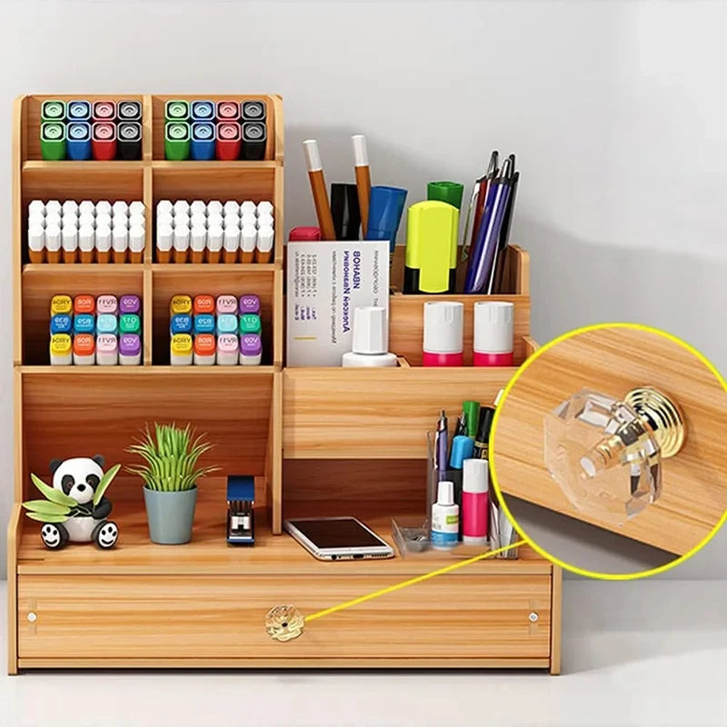 Wooden Desk Organizer DIY Desktop Storage Box Pen Holder Large Capacity Stationery Organizer with Drawer Home Office School Cherry Wood
