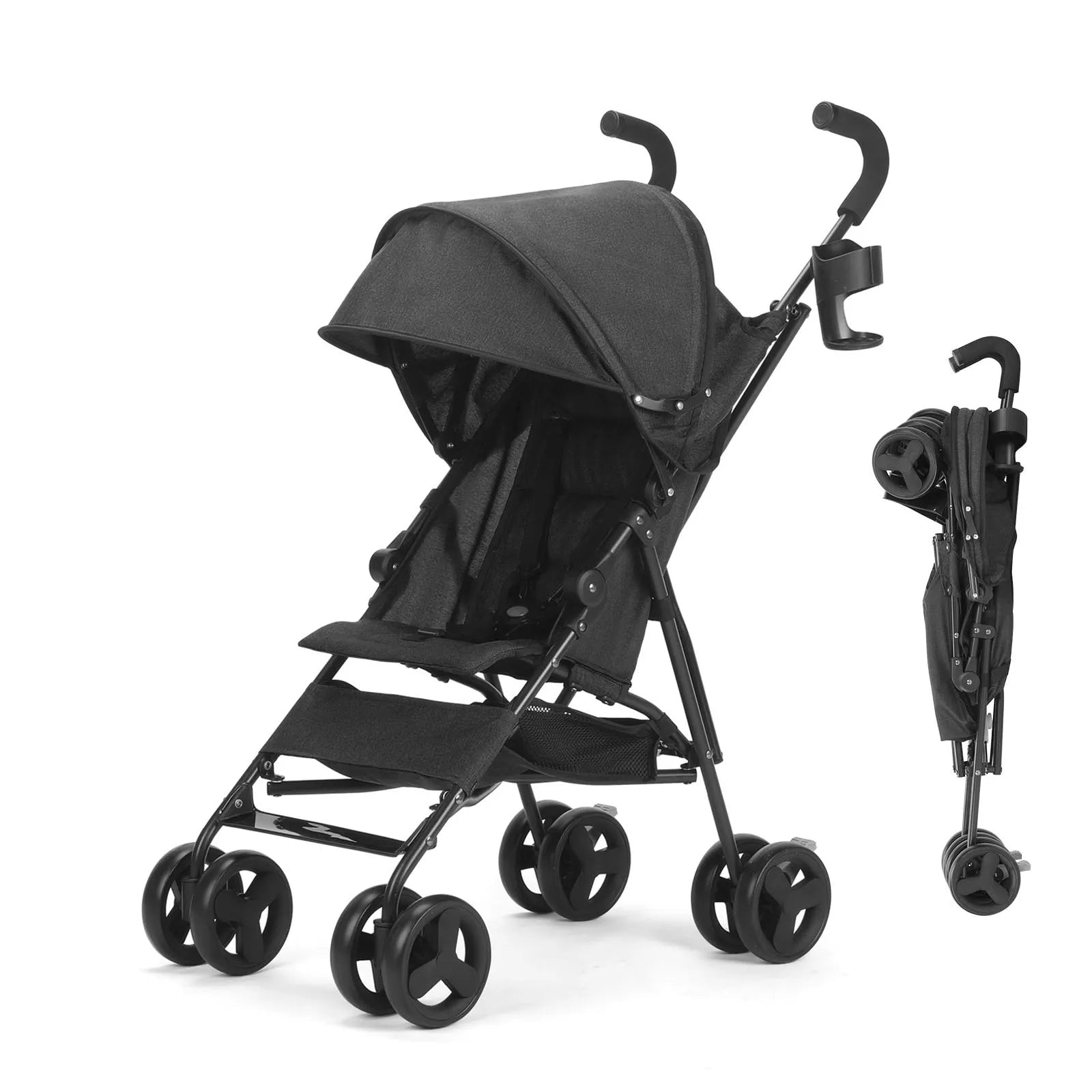 Travel Stroller Lightweight Foldable Portable Pushchair with Reclining Seat, Storage Basket and Canopy Black