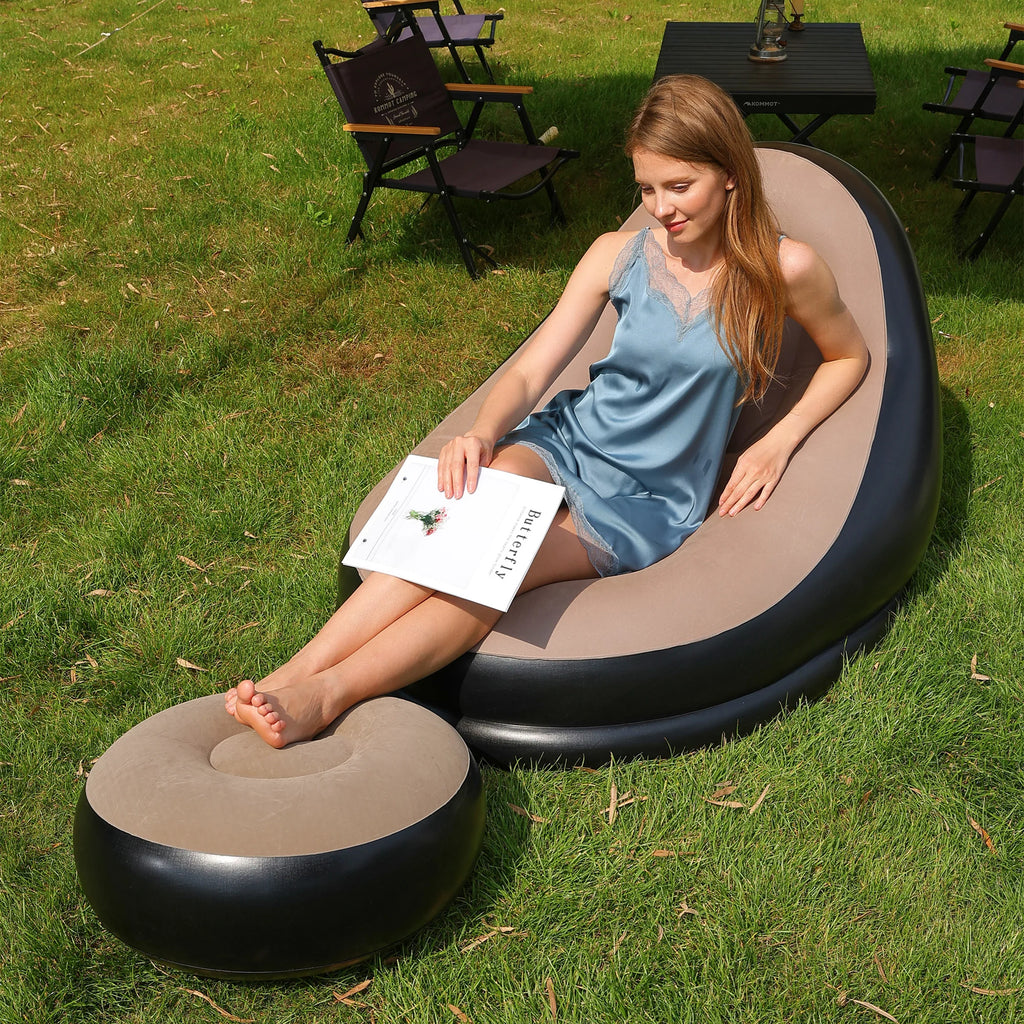 Inflatable Lazy Couch Sofa Chair Foldable Recliner Outdoor Air Bed with Footstool Coffee
