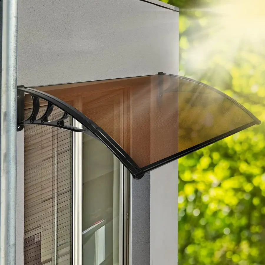 Window Door Awning Brown PC Panel with Black Bracket Outdoor Sun Shade Canopy for Patio, Terrace, Garden, Balcony