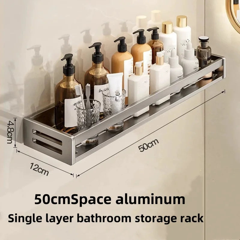50CM No Drill Shower Corner Shelf Aluminium Bathroom Storage Rack with Towel Bar Shampoo Holder Toilet Organiser