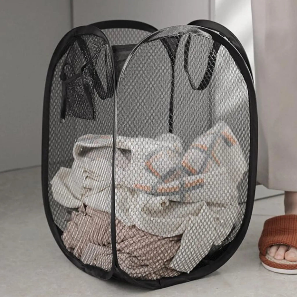 Folding Laundry Sorting Basket Dirty Clothes Storage Bag Mesh Washing Organizer Bathroom Cloth Hamper Frame Bucket Black 30×30×46cm