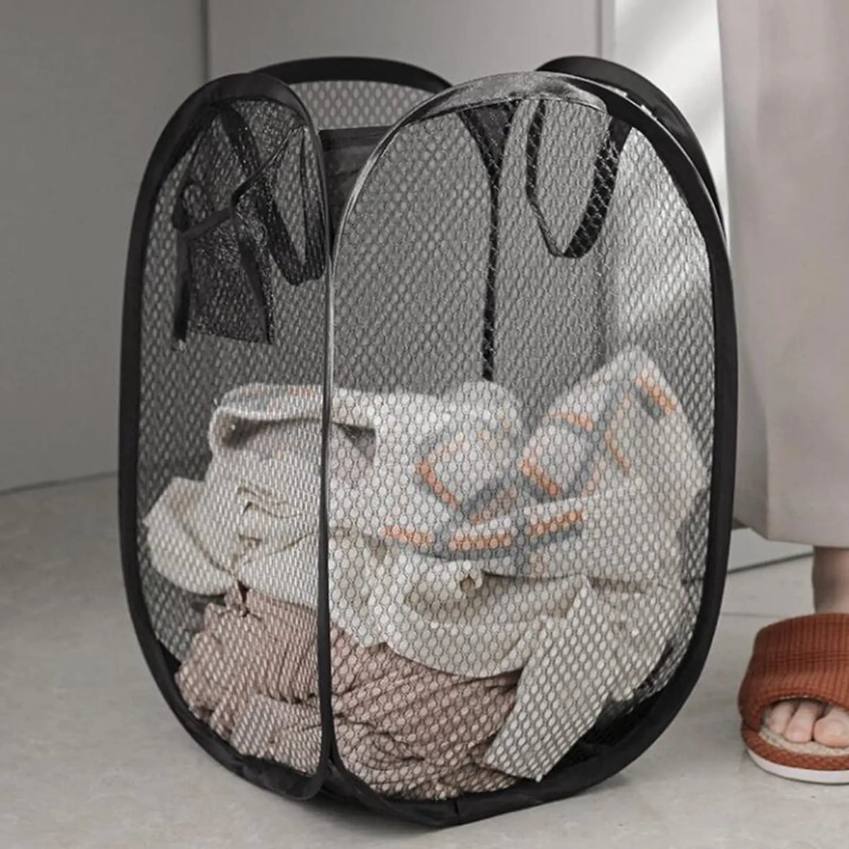 Folding Laundry Sorting Basket Dirty Clothes Storage Bag Mesh Washing Organizer Bathroom Cloth Hamper Frame Bucket Black 30×30×46cm