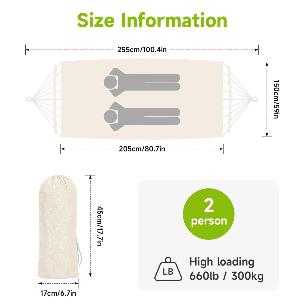 Canvas Two-Person Hammock Chair Swing with Ropes and Storage Bag, Beige, 205 x 150 cm